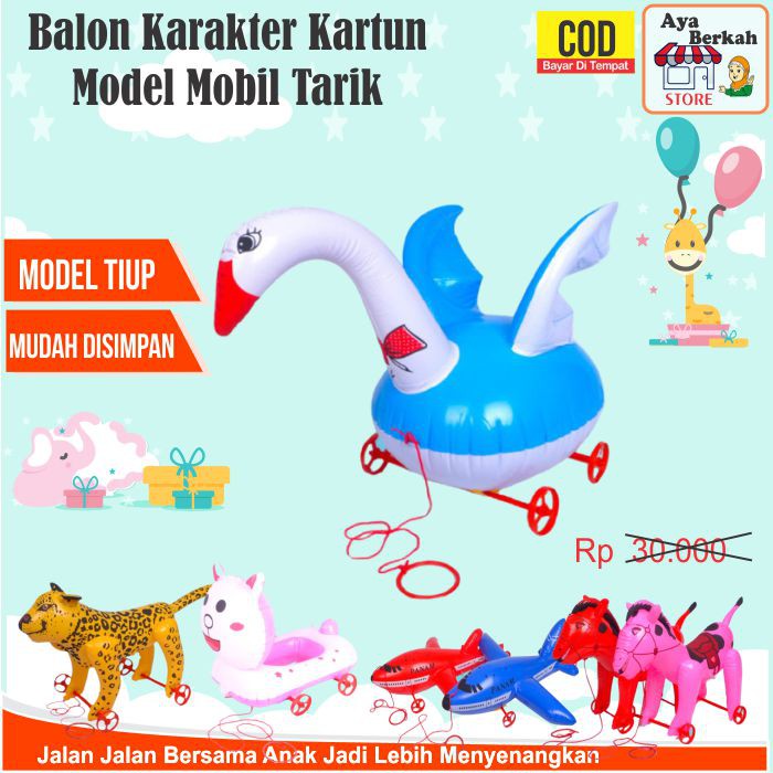 Mainan Anak balon tiup pvc karakter hewan kartun model mobil mobilan tayo tali tarik murah