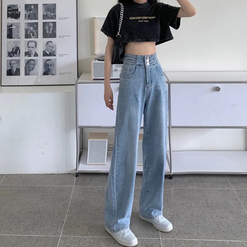 Jeans longgar pinggang tinggi wanita Korea dengan warna biru muda