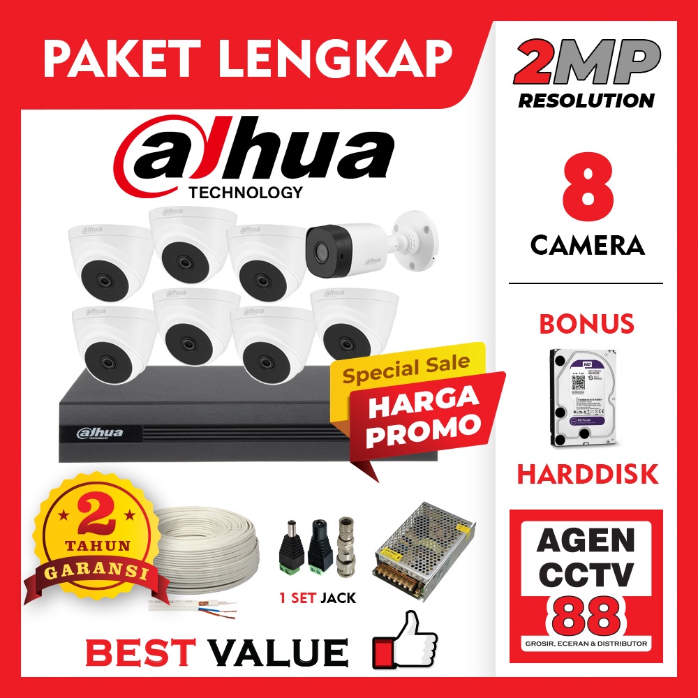 Paket CCTV DAHUA 8 Channel Kamera 8CH Full HD 2MP LENGKAP +Kabel +Harddisk