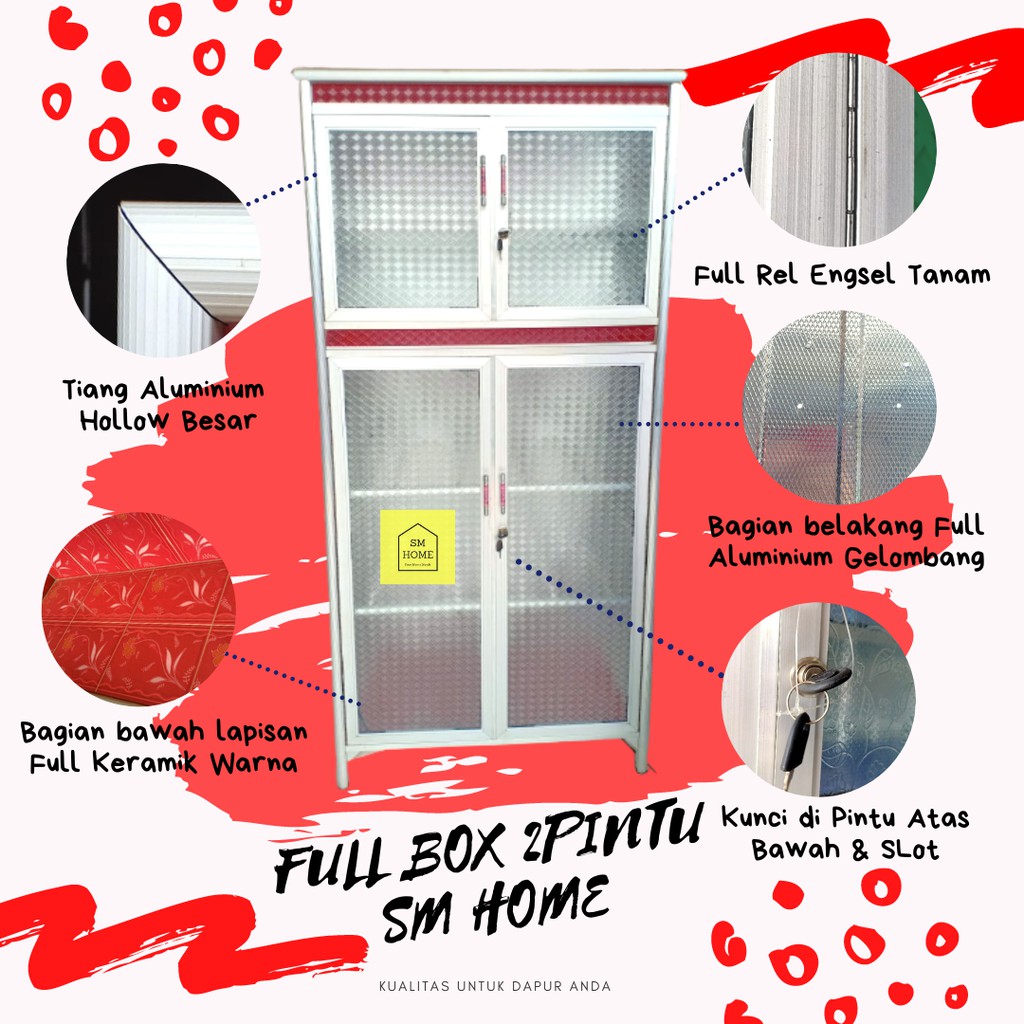 RAK PIRING ALUMINIUM SUPER 2PINTU FULL BOX KACA LEMARI DAPUR KUNCI FULL KERAMIK TAHAN TIKUS RAYAP