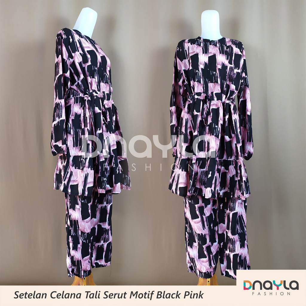 One Set Rempel Resleting Tali Serut / Setelan Celana Panjang / Setelan Baju Wanita Motif Black Pink