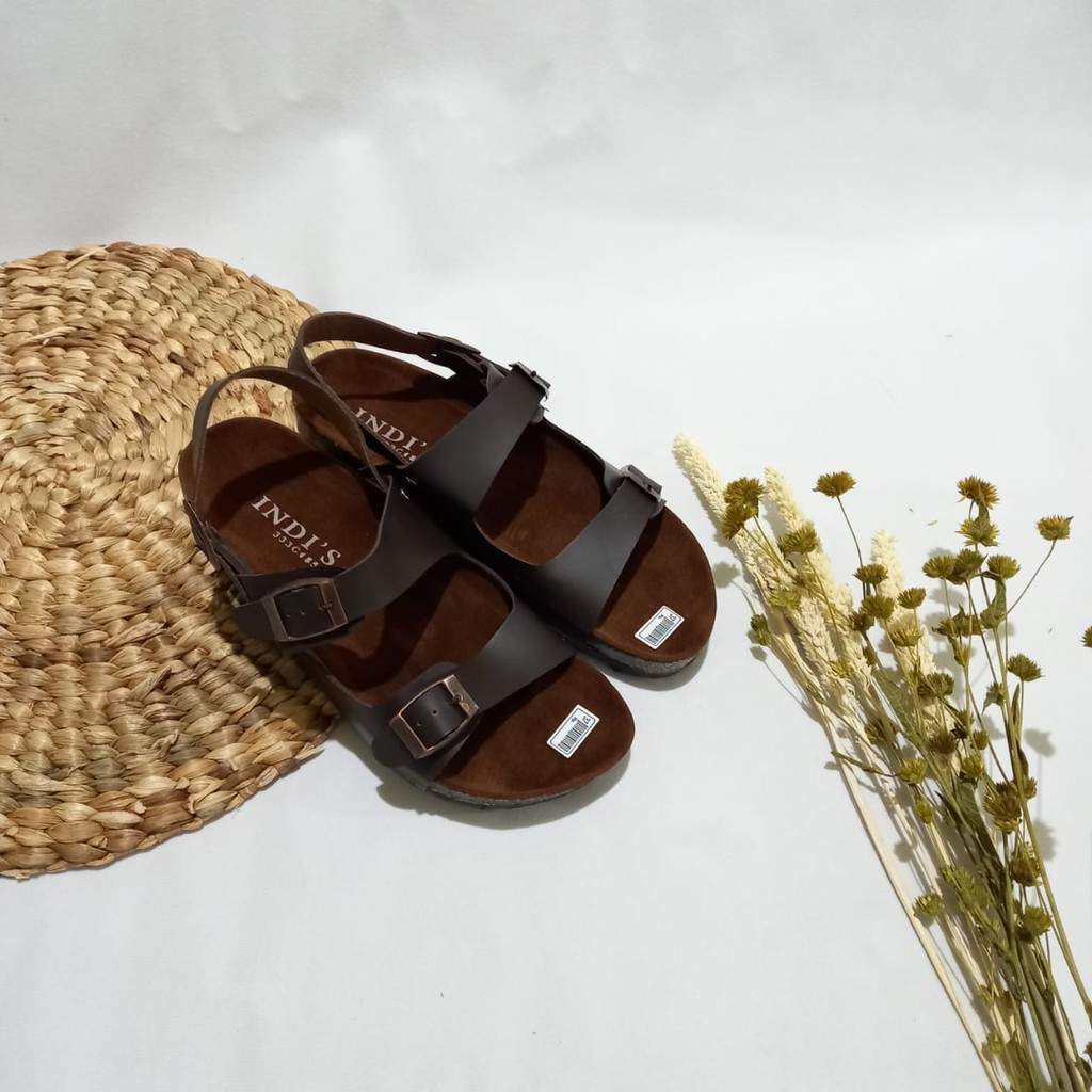 Sandal Flat Wanita Birken Model Tali Slingback On BROWN   ( Alesa - series )