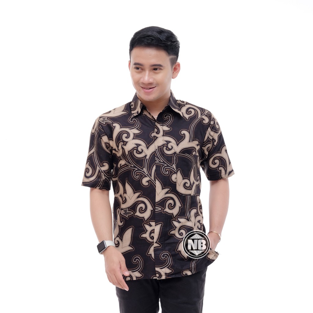 022 Zahira Batik HRB026 Kenongo Hem Kemeja Batik Pria Lengan Pendek  Katun Primis Halus M L XL-Kangkung hitam