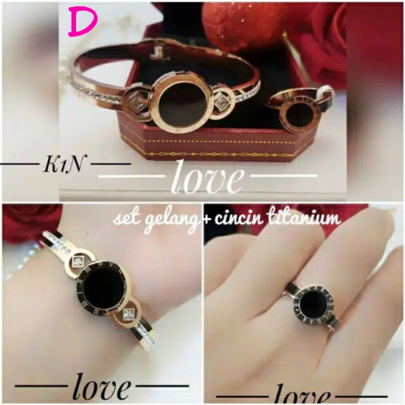 Gelang set + cincin titanium asli anti karat uk glg 6cm