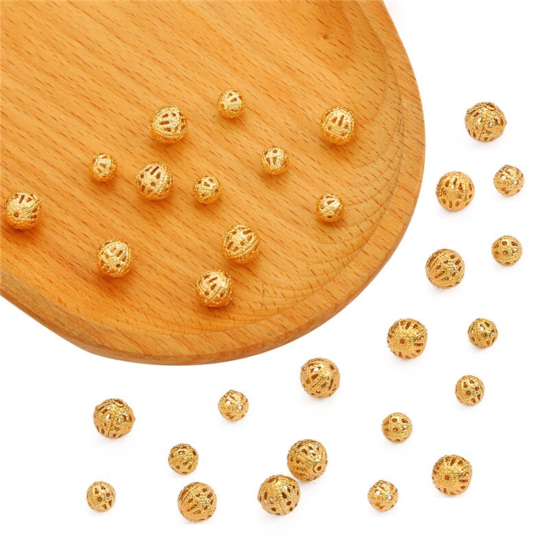 18K Gold Plated 10Pcs 6 8mm Copper Round Loose Flower Ball Beads for DIY Necklace Bracelet Jewelry Findings Making Accessories