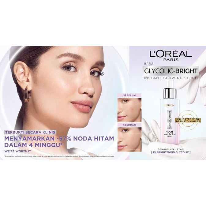 L'OREAL PARIS GLYCOLIC BRIGHT Instant Glowing Face Serum 1.0% Glycolic Acid Serum - Menyamarkan 57% Noda Hitam Dalam 4 Minggu | ❤ jselectiv ❤ Serum LOREAL - ORI✔️BPOM✔️HALAL✔️COD✔️