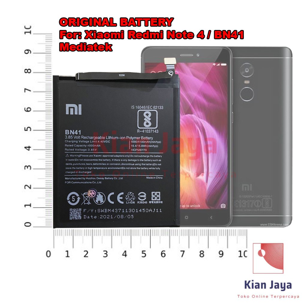 [Garansi 100% Ori] Baterai Original Xiaomi Redmi Note 4 Mediatek BN41 Batre Batrai Battery Hp Xiao Mi BN 41 Original