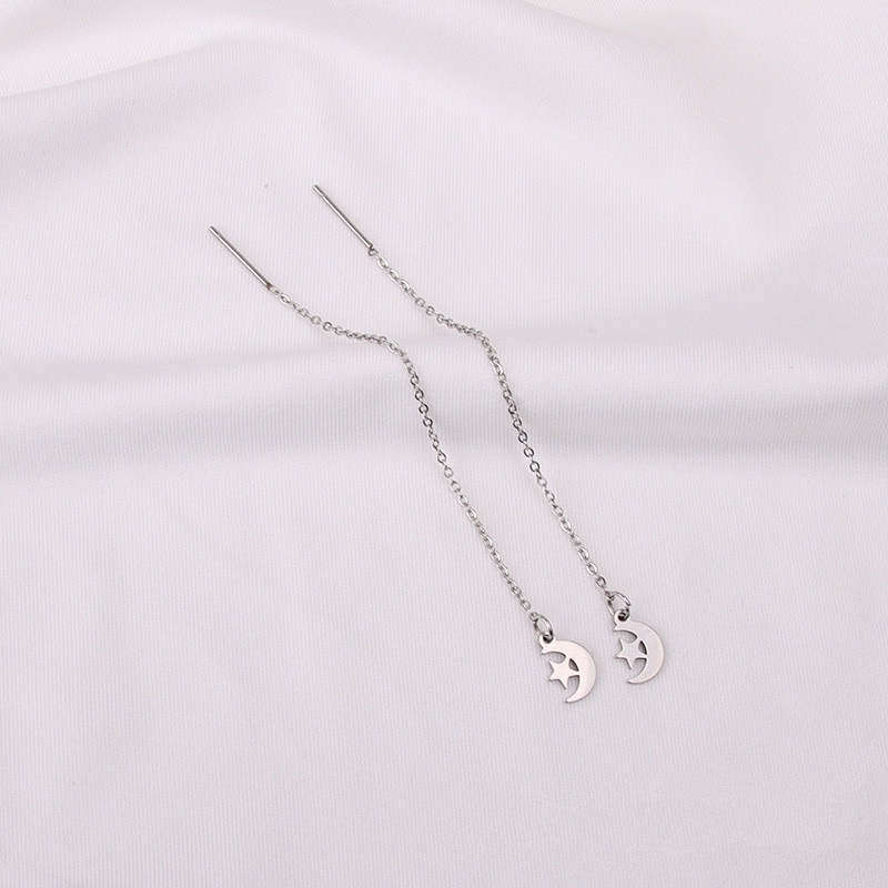 Magic789 Chic S925 Silver Long Chain Star Moon Charm Drop Earrings for Women Girls Ear Jewelry