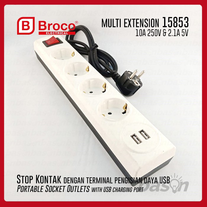 BROCO 15853 Stop Kontak 4 Lubang + USB 2 Lubang + Kabel 1.5 m + Switch