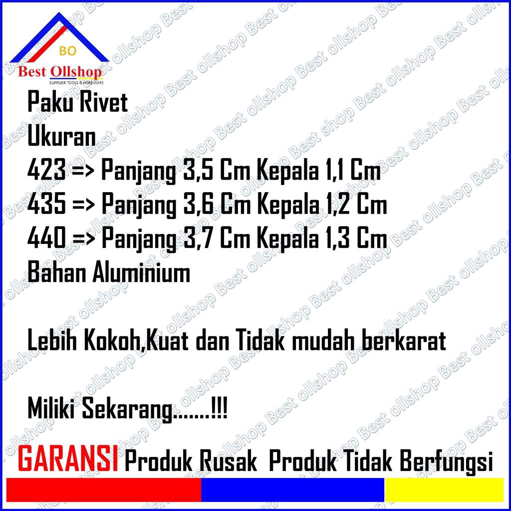 Paku Ripet Rivet Rifet Rivetti Drill Hole 3.3 - 3.4 MM 423 435 440 Paku Knalpot Ecer 100 Pcs Murah