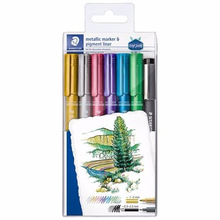 METALLIC MARKER SET 6PCS + PIGMENT LINER IN PLASTIC BOX STAEDTLER