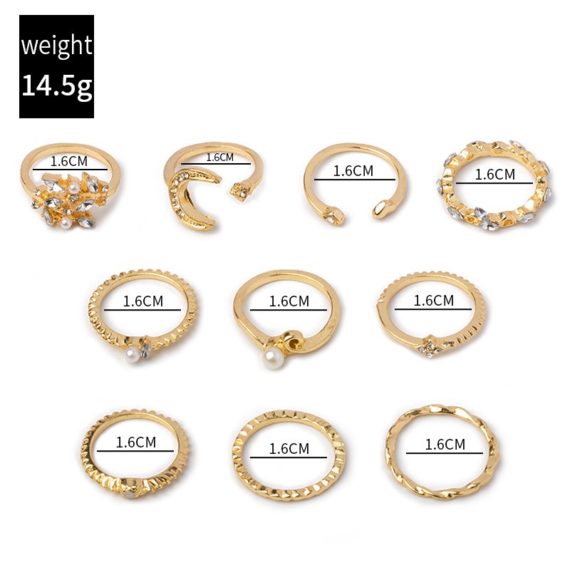 10pcs / set Cincin Kombinasi Desain Bulan Bintang Daun Hati Aksen Berlian Imitasi Gaya Eropa Amerika