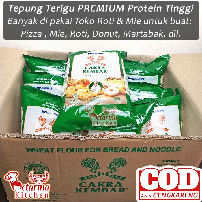 

D02D1 Tepung Terigu Cakra Kembar Premium 1 Kg - Bogasari - Protein Tinggi Da01D100