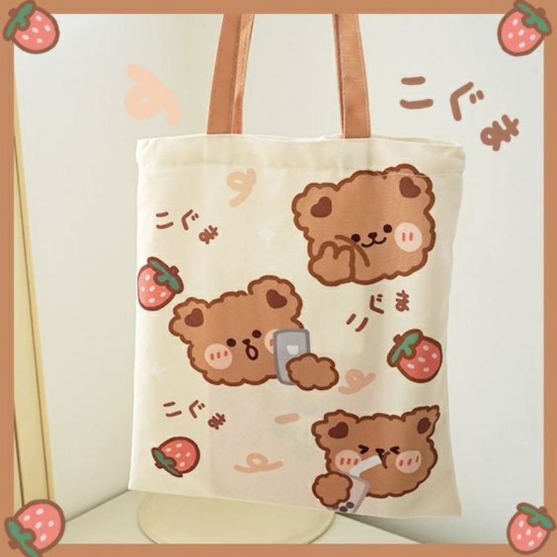 Totebag Warna Pakai Resleting Tote Head Bear Lucu