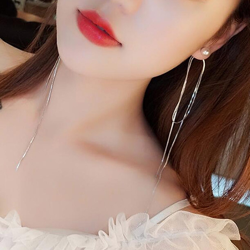 Perhiasan Anting Rumbai Panjang Aksen Mutiara Berlian Imitasi Untuk Wanita