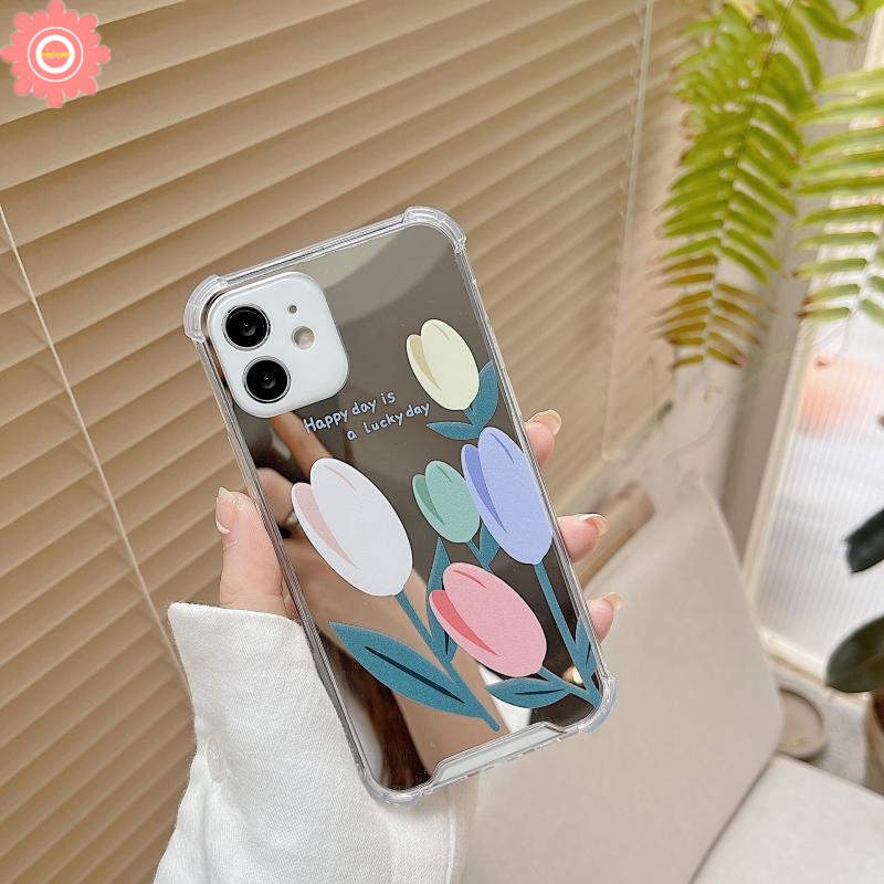 Soft Case Tpu Motif Bunga Tulip Dengan Cermin Untuk IPhone 12 13 11 Pro Max 7 8 11 7Plus 8Plus X XS Max XR SE 2020