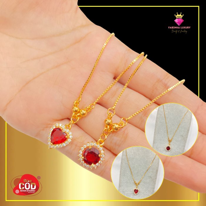 Kalung Rantai Italy Lapis Emas Wanita Liontin Batu Merah Aksesoris Xuping Fashion Korea