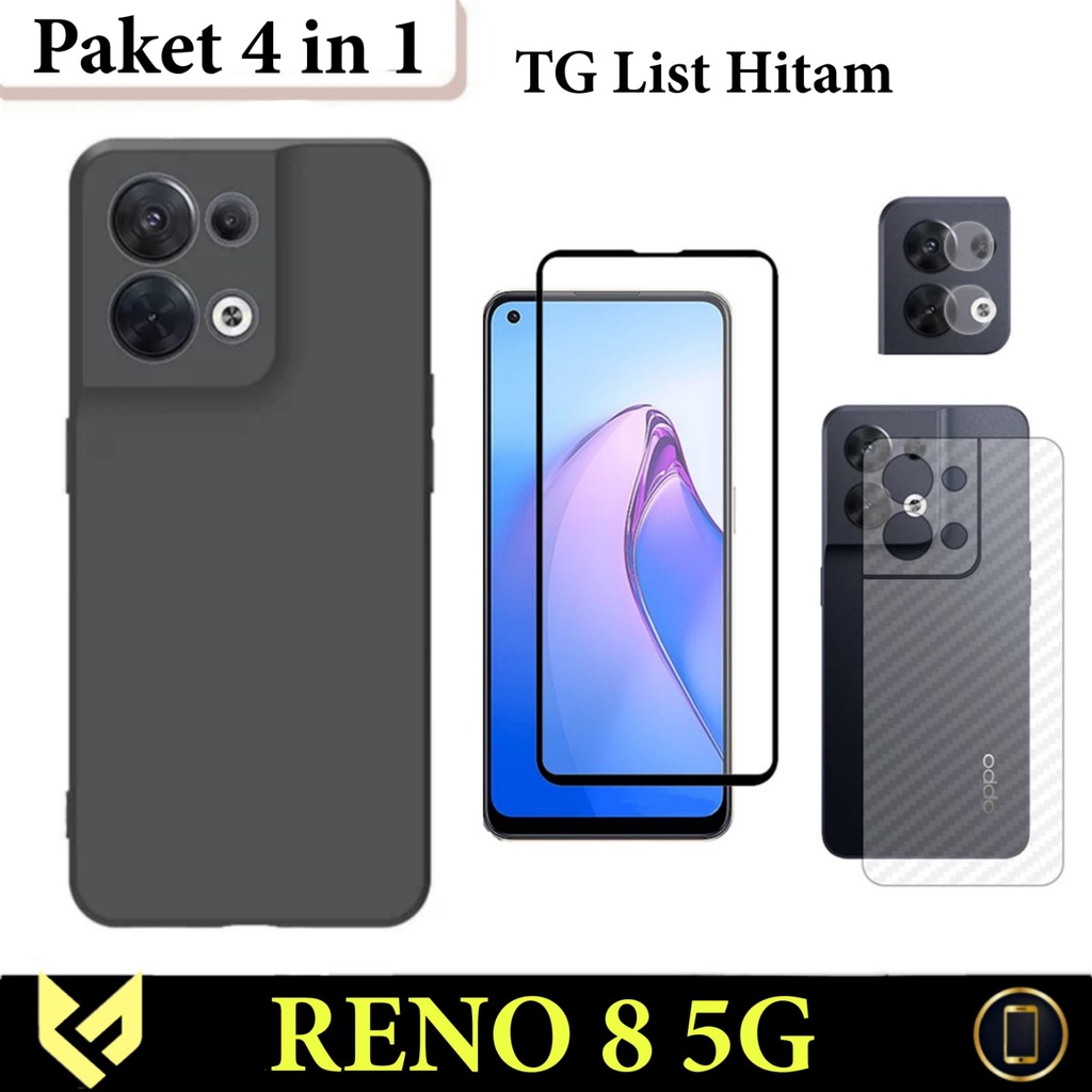 (NEW PAKET 4 IN 1) Case OPPO RENO 8 5G Soft Case Black Matte Free Anti Gores Layar &amp; Anti Gores Camera &amp; Garskin Carbon Pelindung Body Belakang Handphone