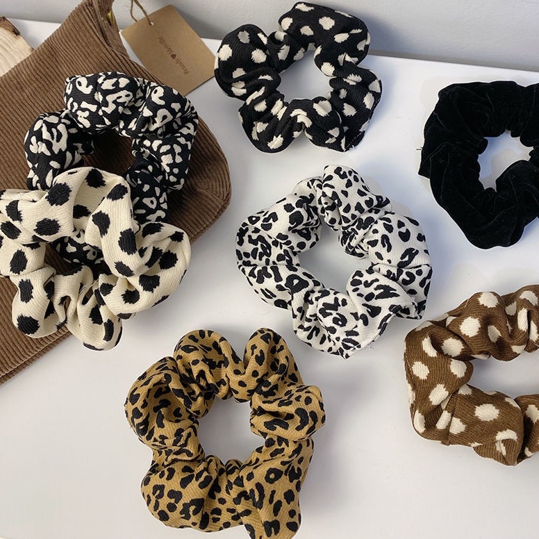 Premium Scrunchie Korea motif Leopard dan Polkadot - Ikat Rambut Korea - Vintage Scrunchie Korean Style