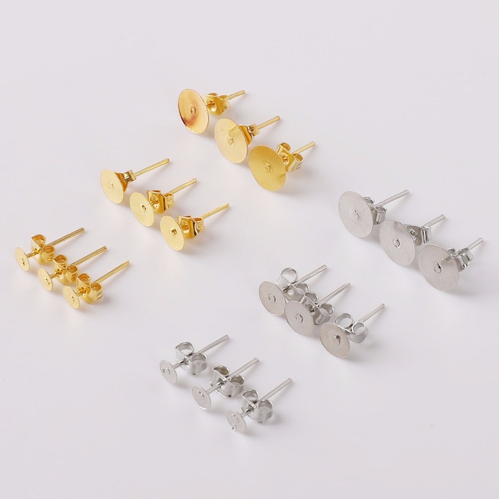 100pcs Anting Tusuk Bulat Kosong Bahan Rhodium Warna Gold / Silver Ukuran 4mm / 6mm / 8mm