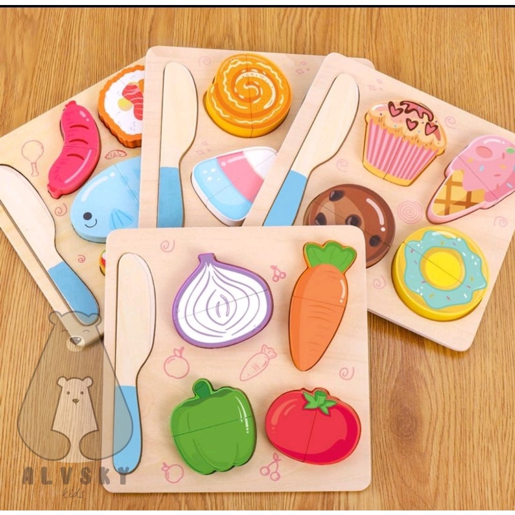 MAINAN EDUKASI BUAH POTONG KAYU / 2 IN 1 WOODEN MAGNET CUT PUZZLE TOYS