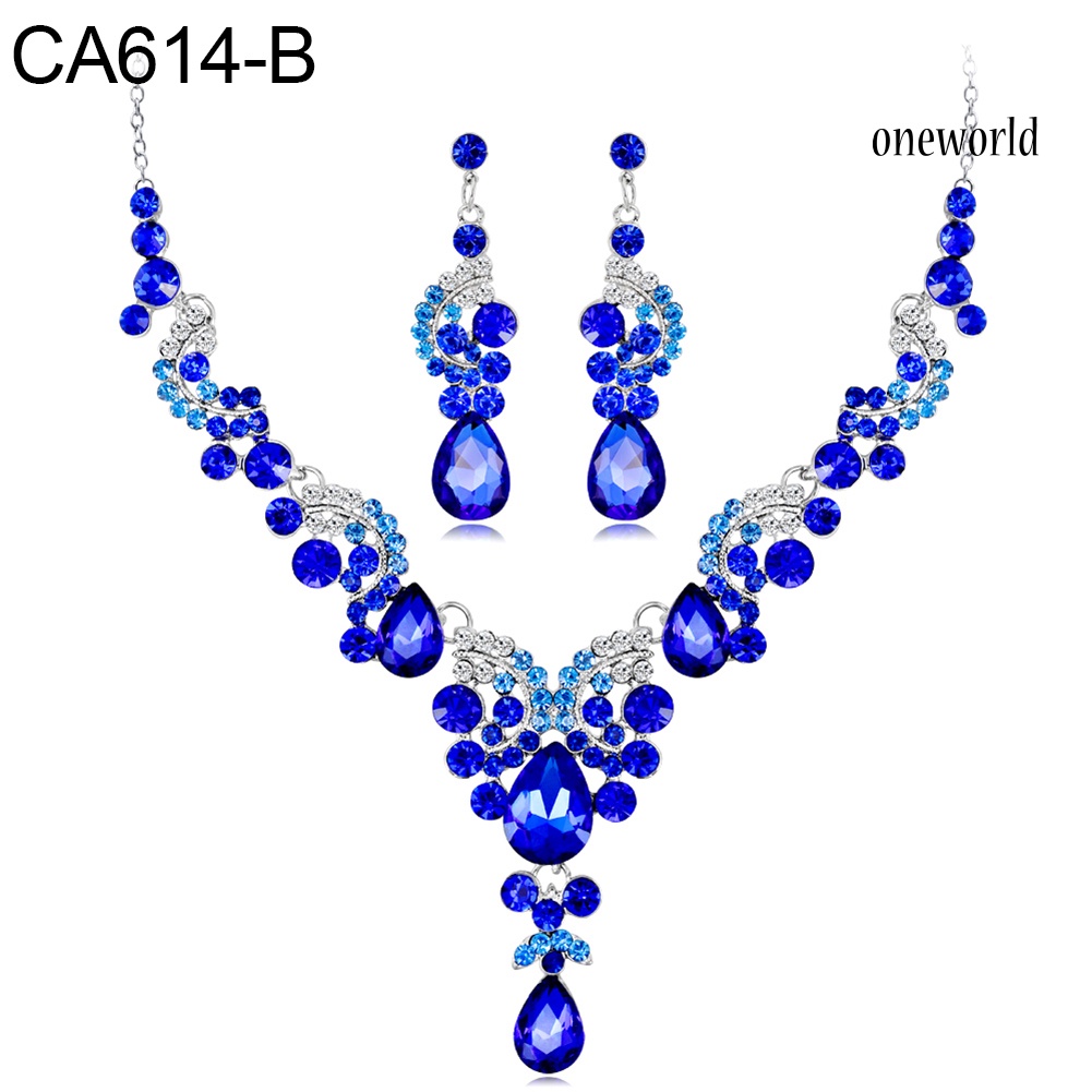 OW@ Women Jewelry Set Elegant Rhinestone Teardrop Pendant Wedding Necklace Earrings