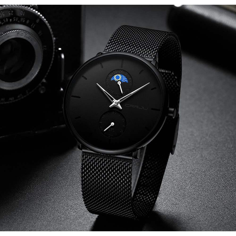 Jam Tangan Pria CRRJU Casual Quartz Analog Mewah Anti Air + Strap Mesh Stainless Steel Jam Tangan Cowok