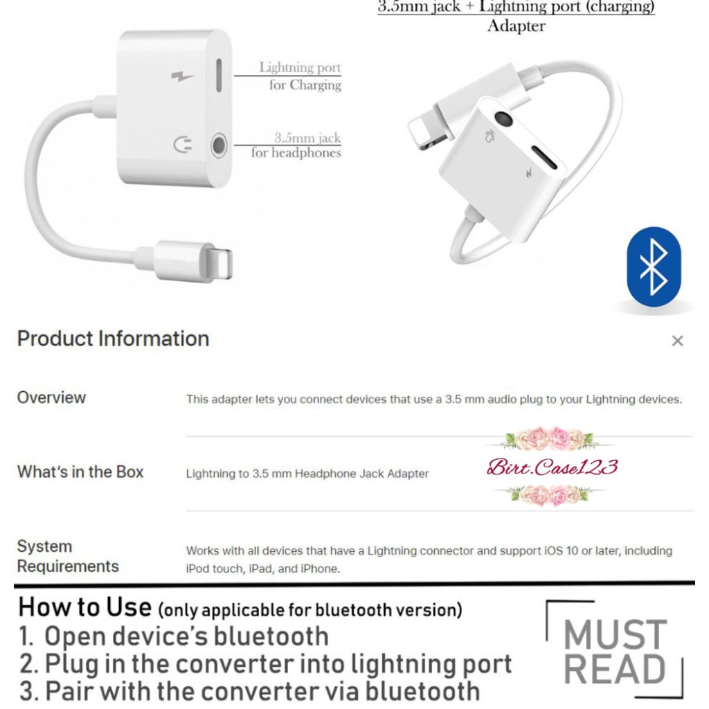 BM039 Mh030 dual conector converter spilter iPhone ligthing to jack audio 3.5MM adapter 2in1 7 7+ 8 BC1362