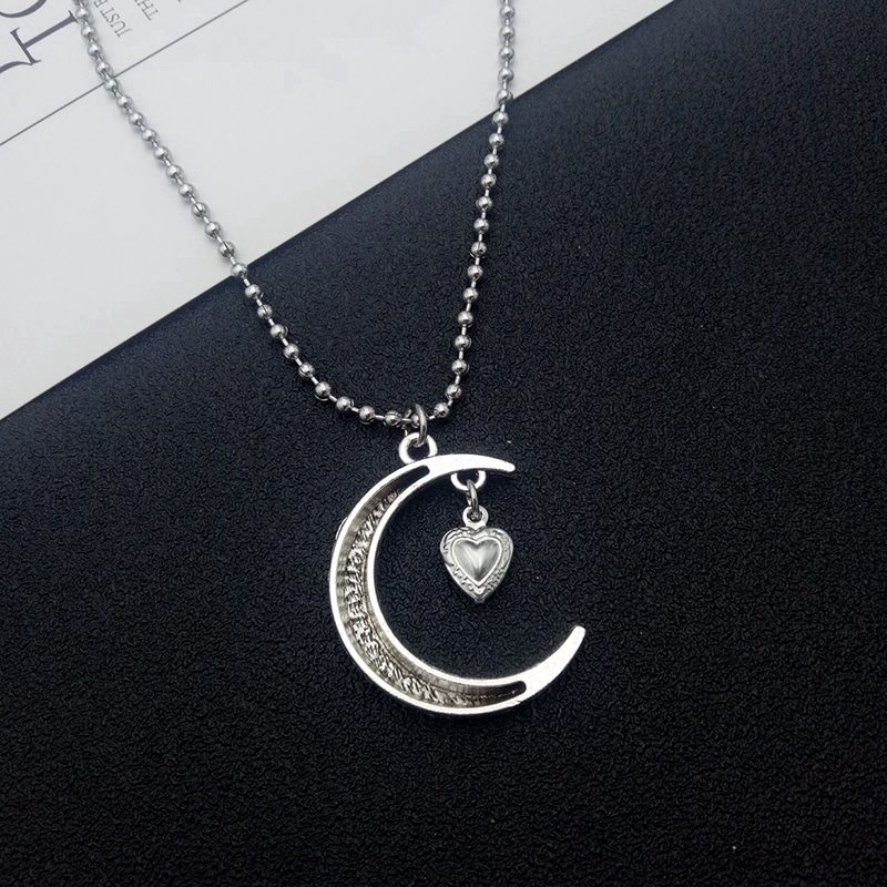 Kalung Panjang Rantai Perak Hati Silver Long Chain Necklace Moon Heart Korea Cool Letter Necklaces for Women Party Jewelry