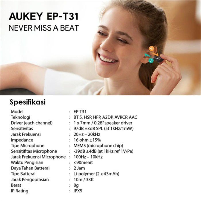 Aukey Earphone Wireless Charging Earbud with AAC Decodec &amp; IPX5 - EP-T31 - 500931