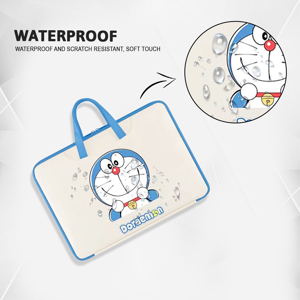 Sleeve Pouch Sarung Tas Bag Case Ipad Tab Tablet Macbook Air Pro Laptop Asus Acer Lenovo HP Huawei 11 12 13 14 15 inch Motif Gambar Kartun Cartoon Doraemon Warna Putih Biru White Blue Cute Murah Korean Model Jinjing Tali Strap Waterproof Tahan Air