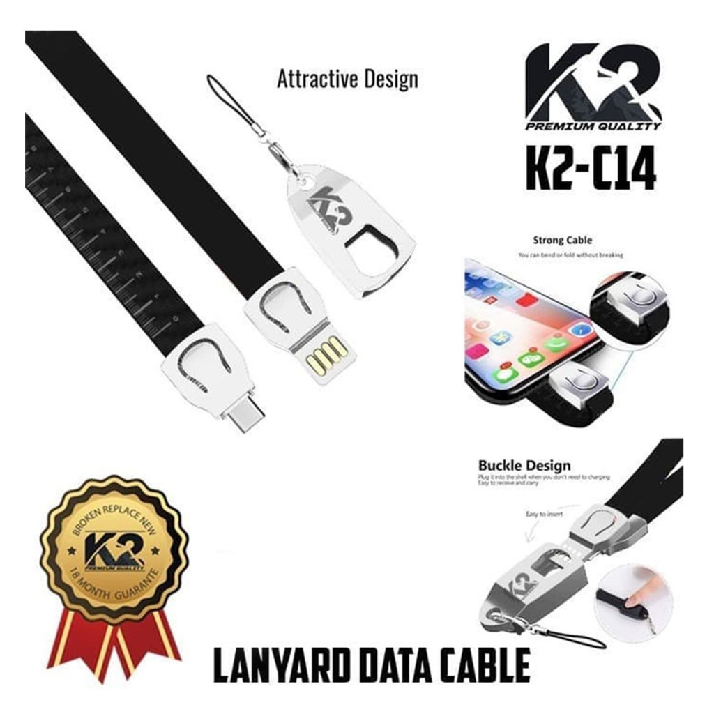 Kabel Data K2-C14 LANYARD PREMIUM QUALITY MICRO USB / Lightning/ TYPE C 2.4A