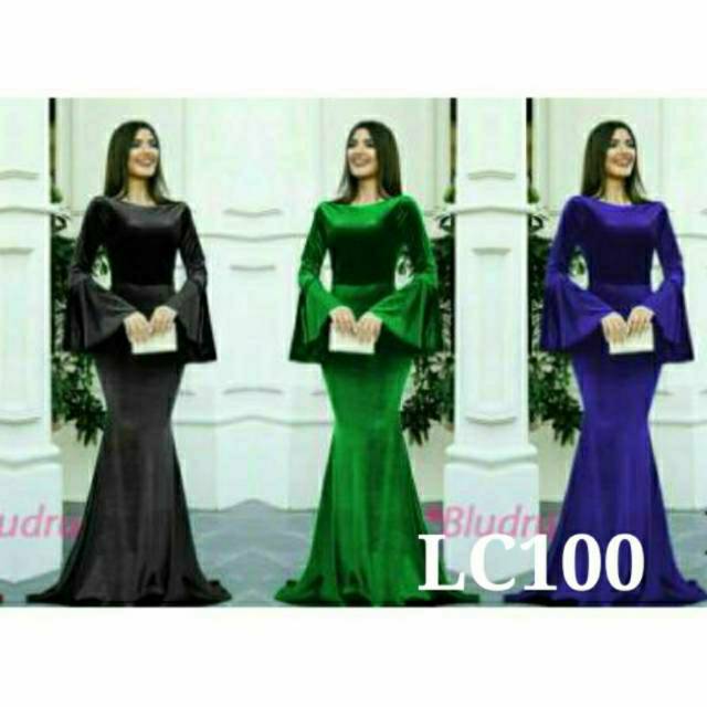 Long Dress duyung Bludru LC100 Gamis bludru dress 100 lengan terompet gaun panjang pesta berhijab