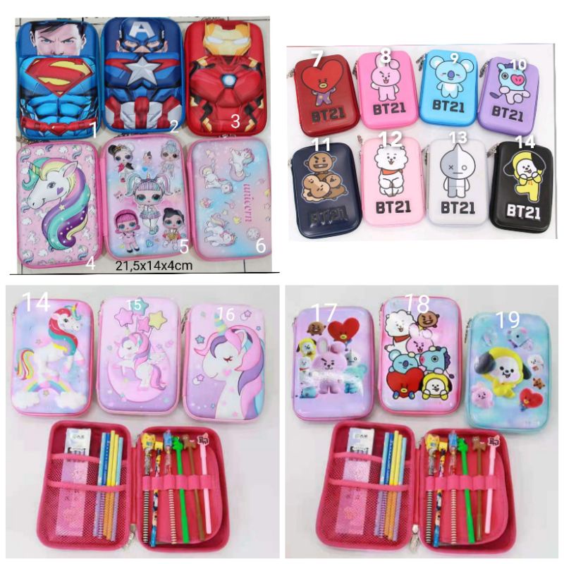 

Tempat pensil besar gambar timbul Unicorn , btsbt21,lol , ironman , captain , superman hard cover