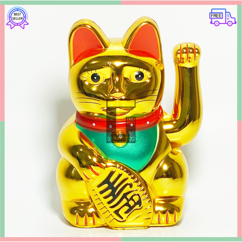 Boneka Hiasan Dekorasi Pajangan Patung Kucing Hoki Keberuntungan Lucky Cat Rejeki Maneki Neko Maneko Neki Emas Gold Tangan Gerak Goyang Baterai Batre Batrai Batrei Non Solar Listrik Jepang Cina China Meja Kasir Toko Size Ukuran Besar Kecil Sedang Medium