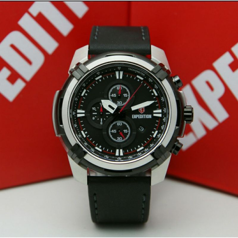 ORIGINAL GARANSI RESMI JAM TANGAN PRIA EXPEDITION COWOK SILVER BLACK KULIT EXP E6786 6786 LAKI HITAM