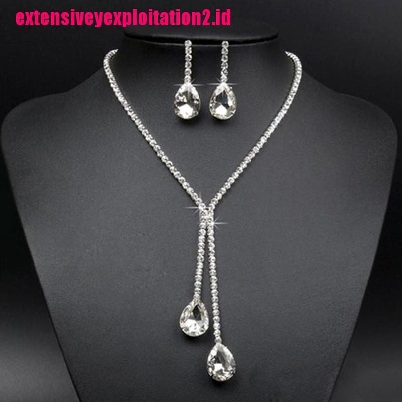 &lt; E2id &amp; &gt; Set Kalung + Anting Gantung Panjang Tusuk Motif Tetesan Air Aksen Kristal + Berlian Imitasi Untuk Wanita