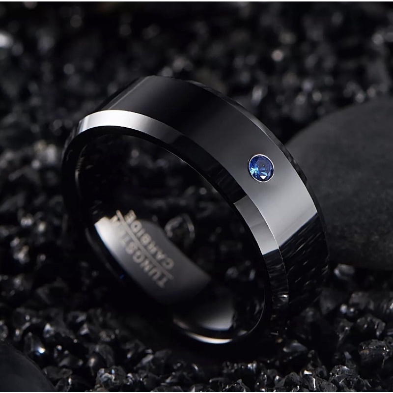 Cincin Tungsten Carbide Original Black Blue Saphire High Premium Quality