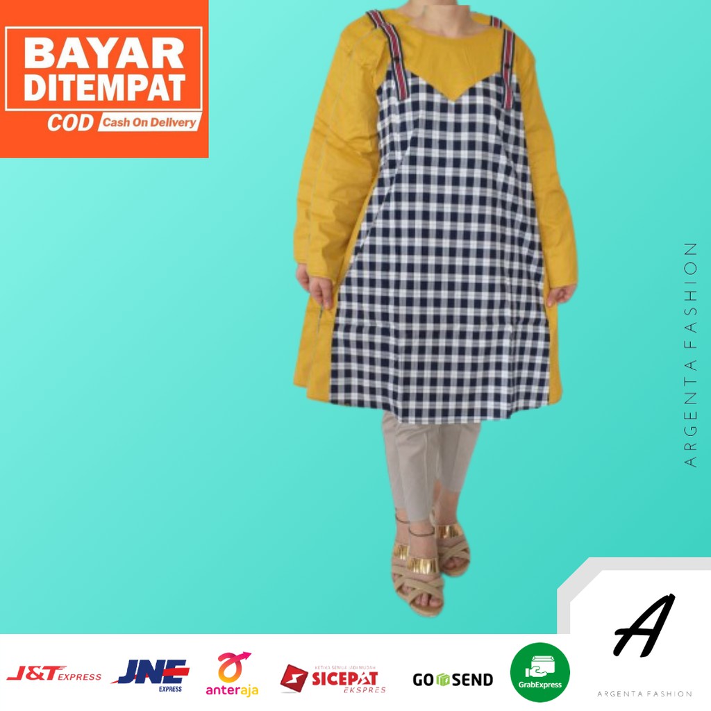 Atasan Baju Long Tunik Kotak Kotak Wanita Muslim Muslimah Remaja