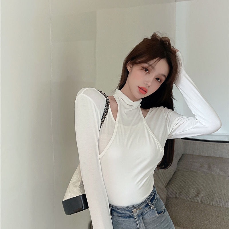 #Sisjuly# T-shirt ketat turtleneck kemeja bottoming hangat palsu dua