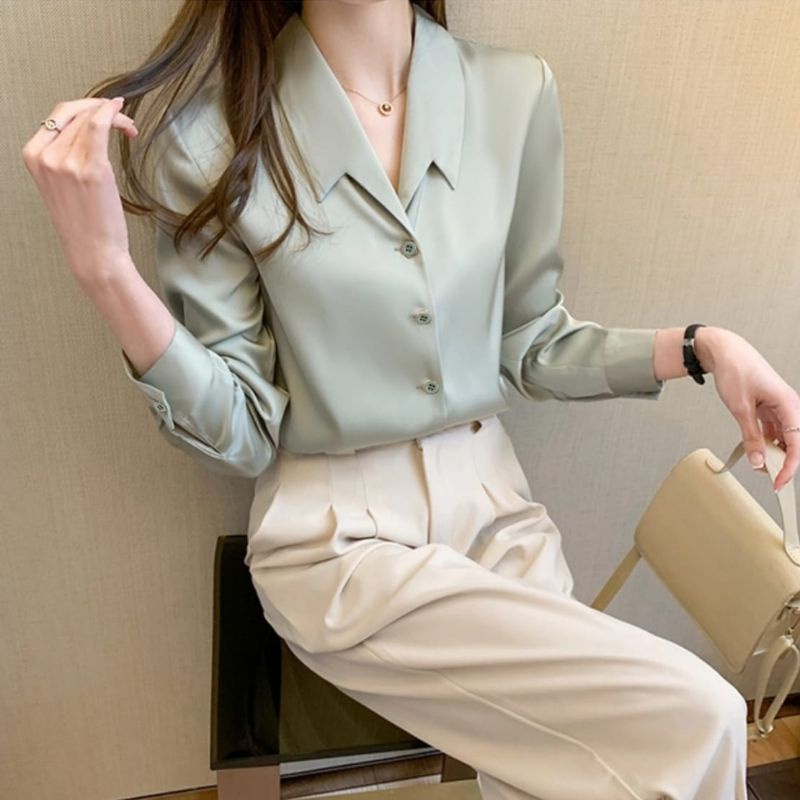 MDLV ~ 2310 Chellumia Notched Collar Shirt Premium Kemeja Korean style Kemeja Premium Kemeja Import Kemeja Satin Kemeja Lengan Panjang Kemeja Casual Fashion Import