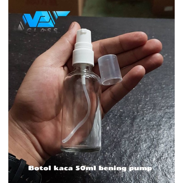 botol kaca 50ml pump / botol kaca 50ml bening tutup pump putih