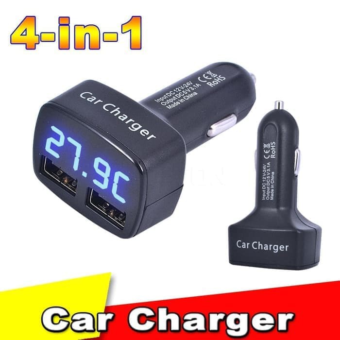 Dual USB Car Charger Mobil 4 in 1 Biru Voltmeter, Ampere, Temperature