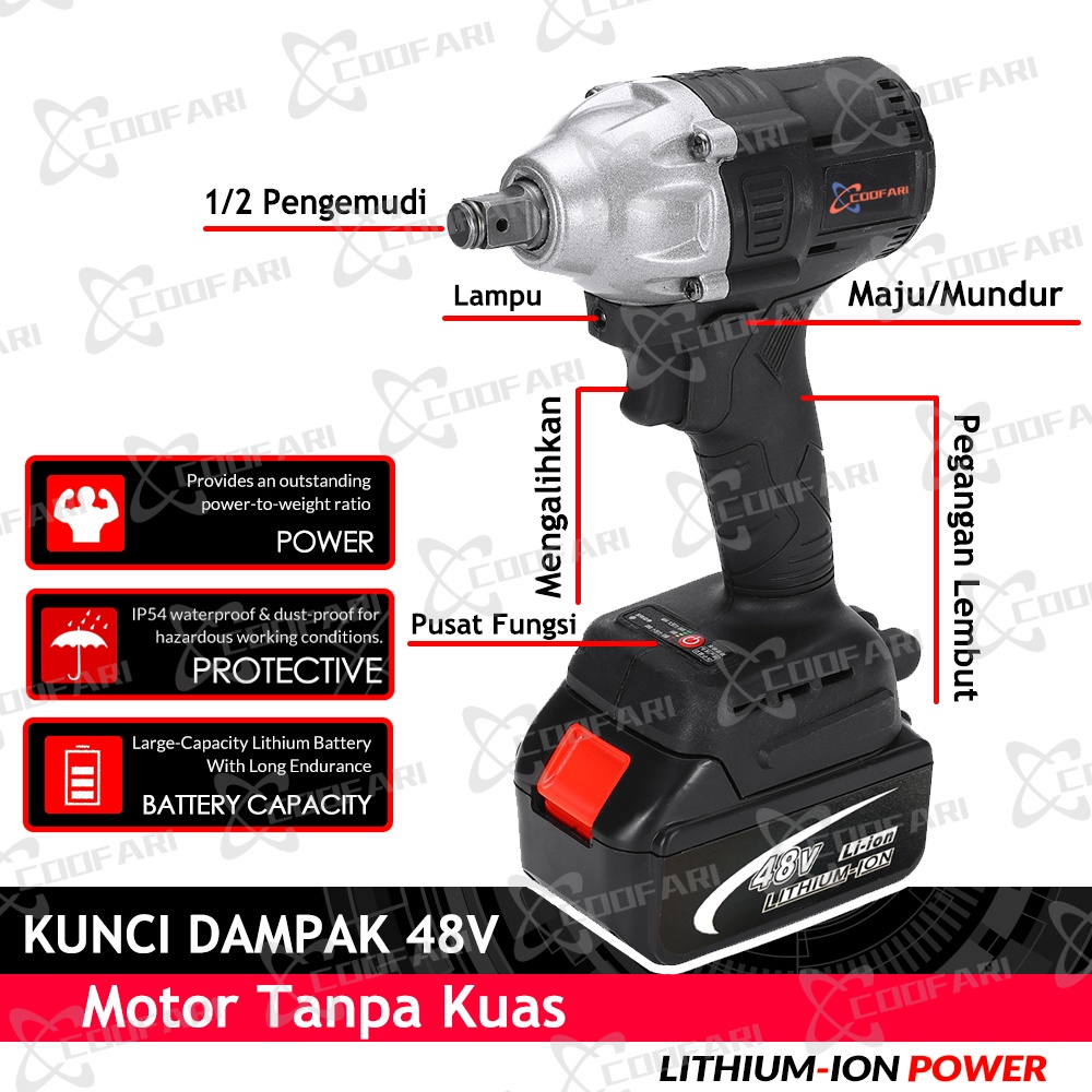 Bor Cordless Wrench COOFARI 48V Impact 48 Volt ALAT BUKA BAUT RODA MOTOR MOBIL