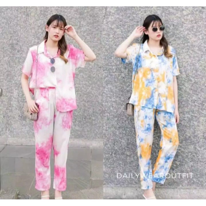 GALAXY SHORT &amp; LONGSLEEVE SET - BAJU TIDUR KEMEJA TIE DYE SET/DAILY SET/PIYAMA SET CP &amp; PP FIT XL P2