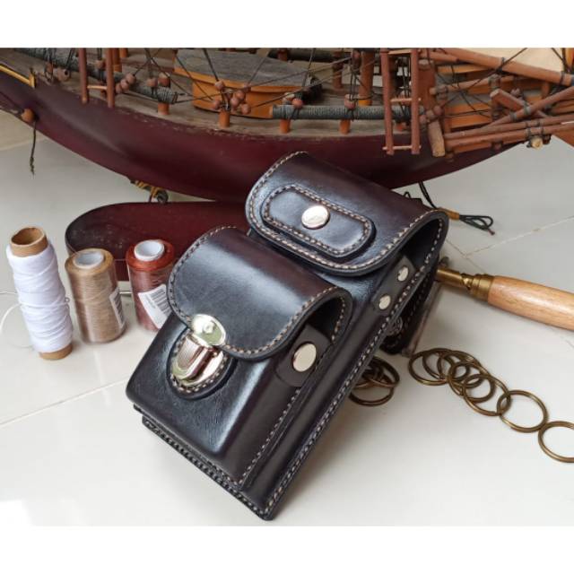 Tempat Hape Plus Rokok Bahan Kulit  Premium Jahit Tangan Manual