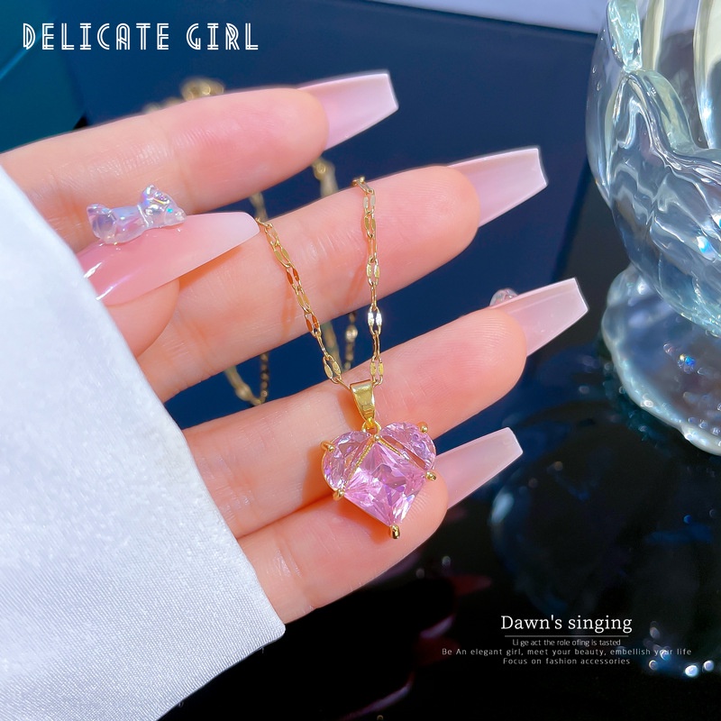 Kalung Rantai Emas 18K Dengan Liontin Hati Hias Kubik Zirkon Pink Hypoallergenic Untuk Wanita