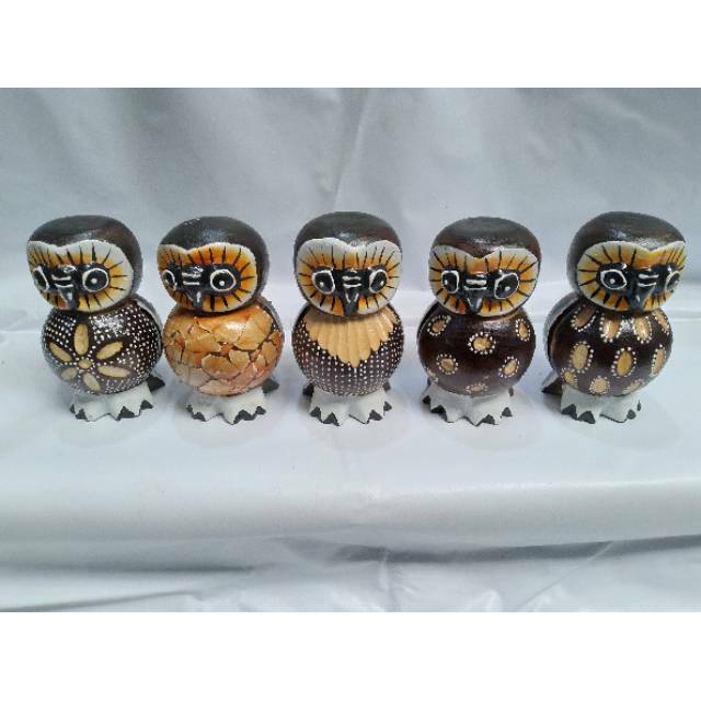 (BISA COD) SATU SET PAJANGAN MINIATUR BURUNG HANTU OWL ISI 5 PCS UKURAN 10 CM WARNA COKLAT KAYU UKIR