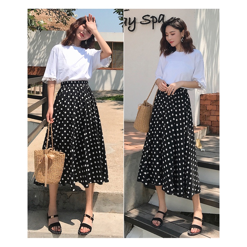 Korean Midi skirt polkadot Rok span Gaya korea Rok hitam