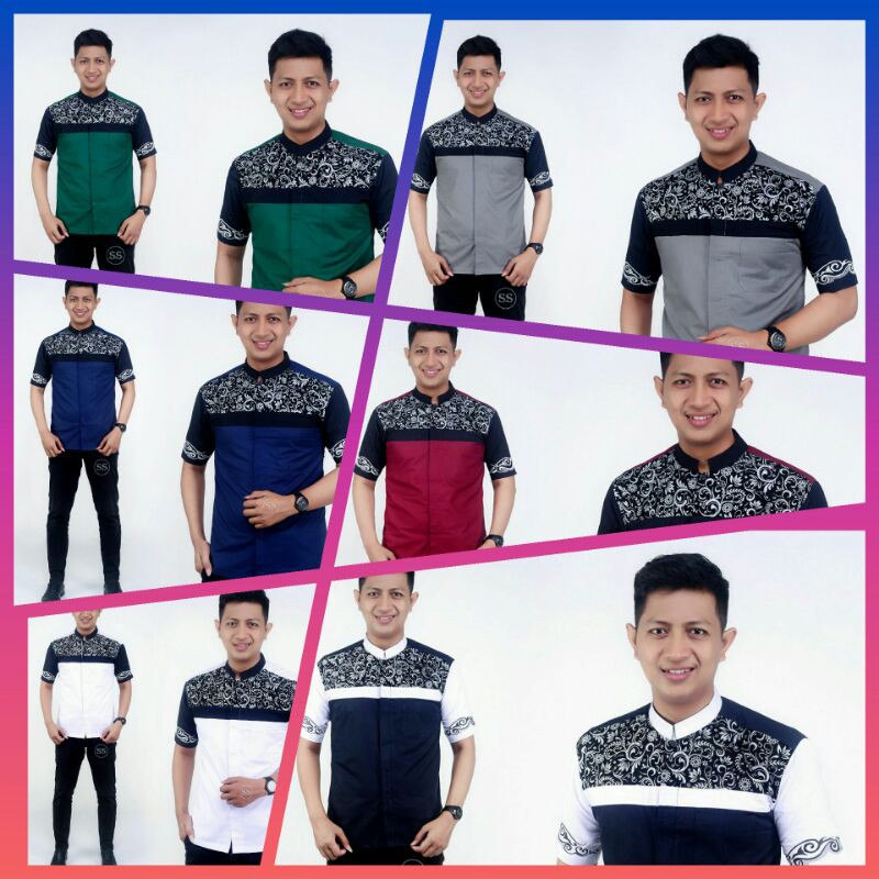 koko batik pria lengan pendek kombinasi simple motif bortang